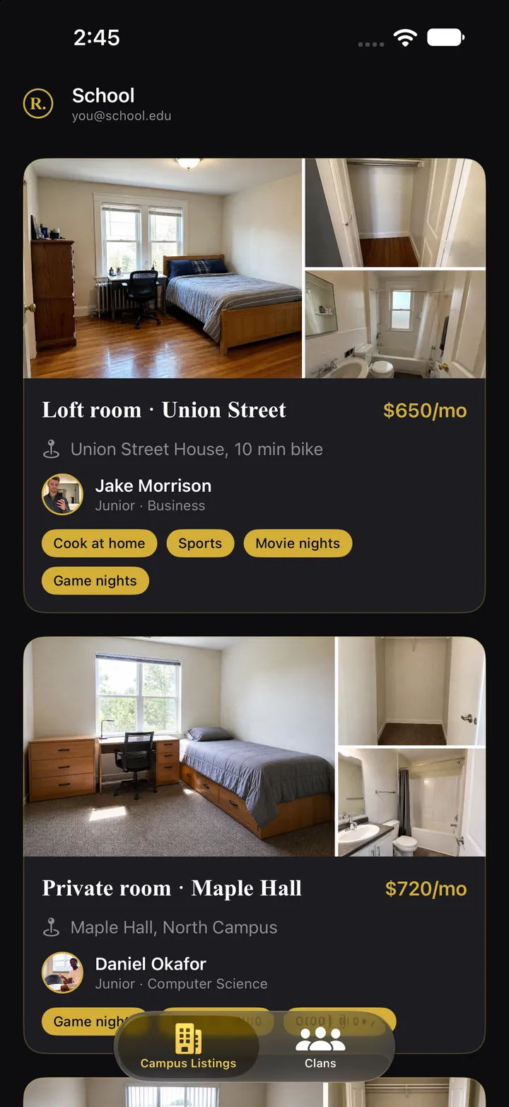 Roomie campus listings on iPhone